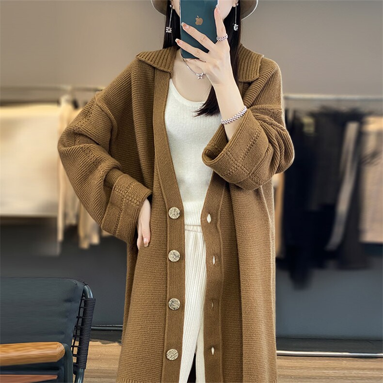 中长款100%纯羊毛开衫女24秋冬翻领加厚宽松毛衣慵懒羊绒针织外套,女装羊毛衫,琳华羊绒