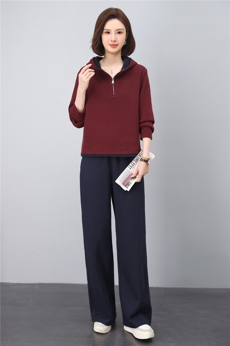 现货2025年秋季时尚文艺半拉链套头休闲阔腿套装,女装套装/套裙,依恋蒂丝