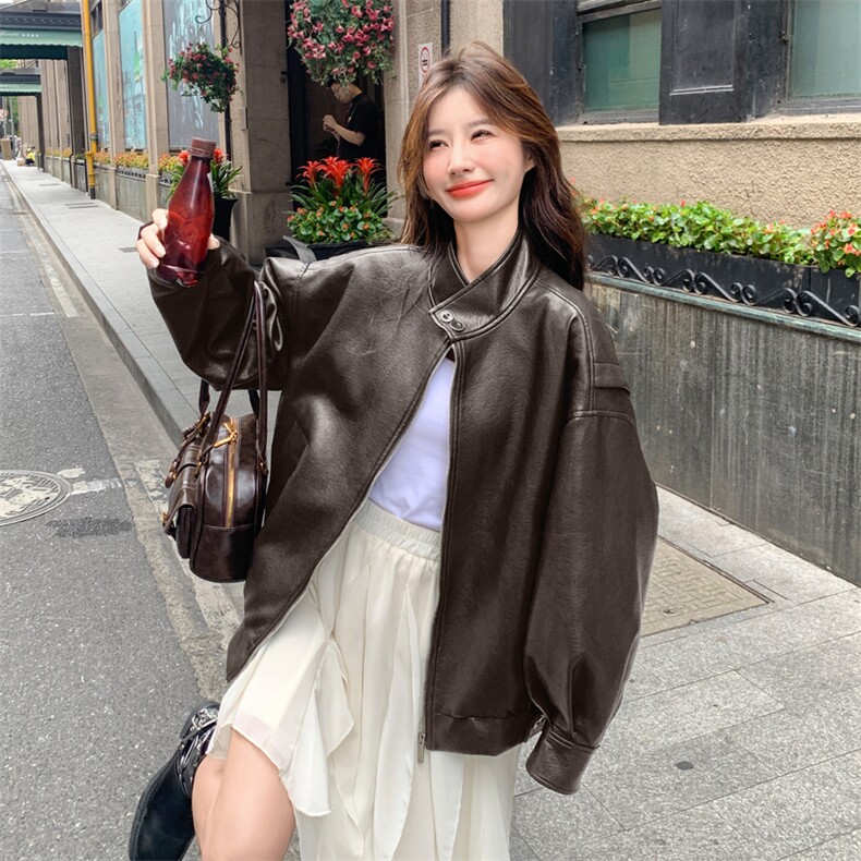 甜酷风美式复古黑色皮衣外套女春秋2025新款超火爆款高级感PU夹克,女装皮衣,2D076