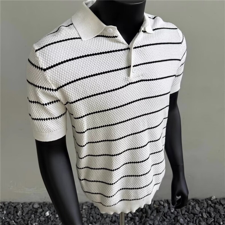 夏季纯棉翻领短袖男菠萝纹条纹polo衫针织衫男士时尚休闲百搭T恤,男装Polo衫,星座506A
