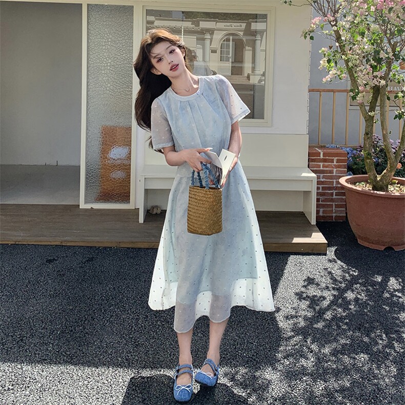 法式款显瘦遮肉女裙2025夏新淡蓝色扎染假两件连衣裙波点裙仙女裙,女装连衣裙,2C238