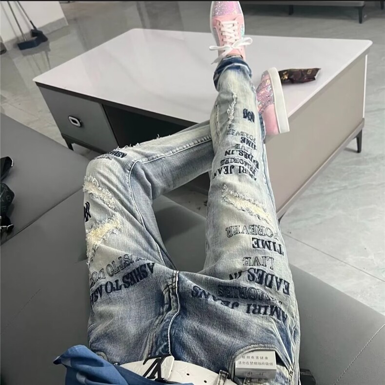 1506-1/KH1361/P56秋季新款潮牌贴布补丁男士刺绣修身牛仔裤潮流图片