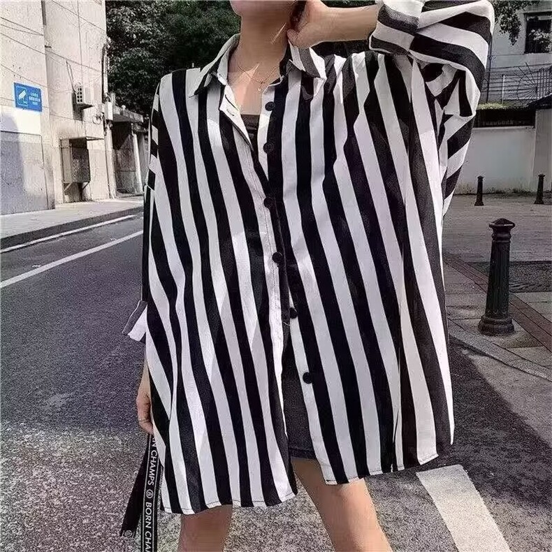 衬衫女春夏2025秋款气质长袖内搭上衣韩版宽松显瘦条纹外穿薄衬衣,男装衬衫,星座1210-1