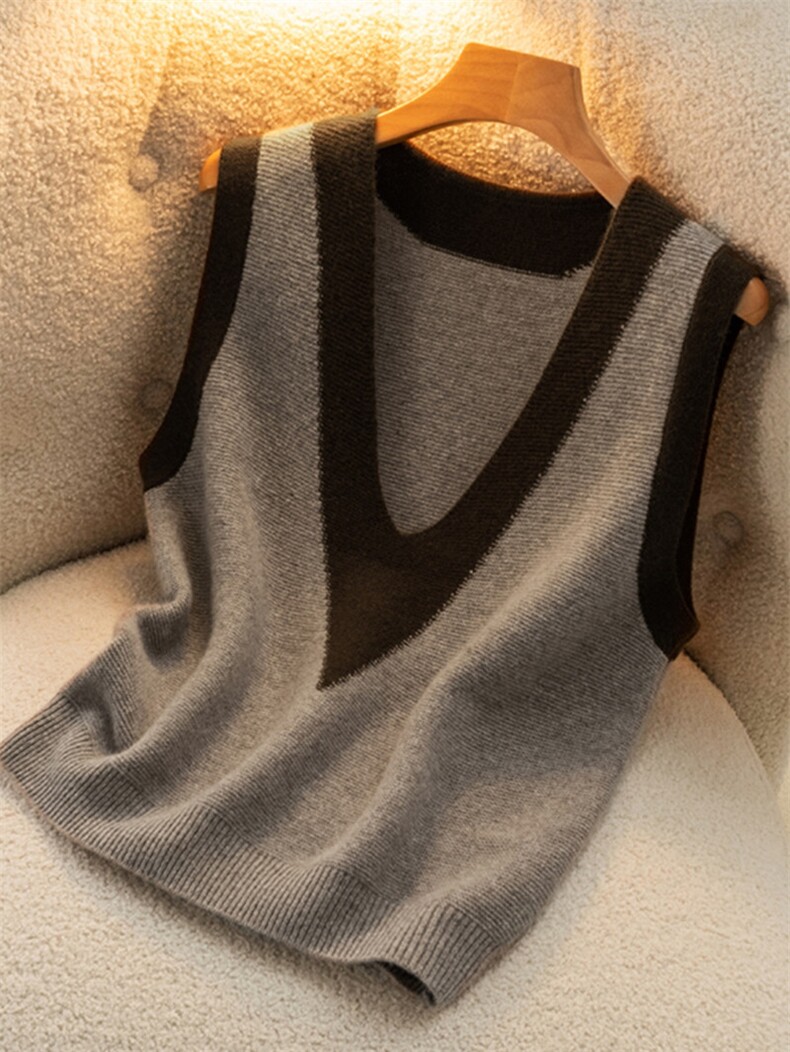 时尚百搭纯澳毛拼色V领女士羊毛马甲，女装马甲，莺澜羊绒