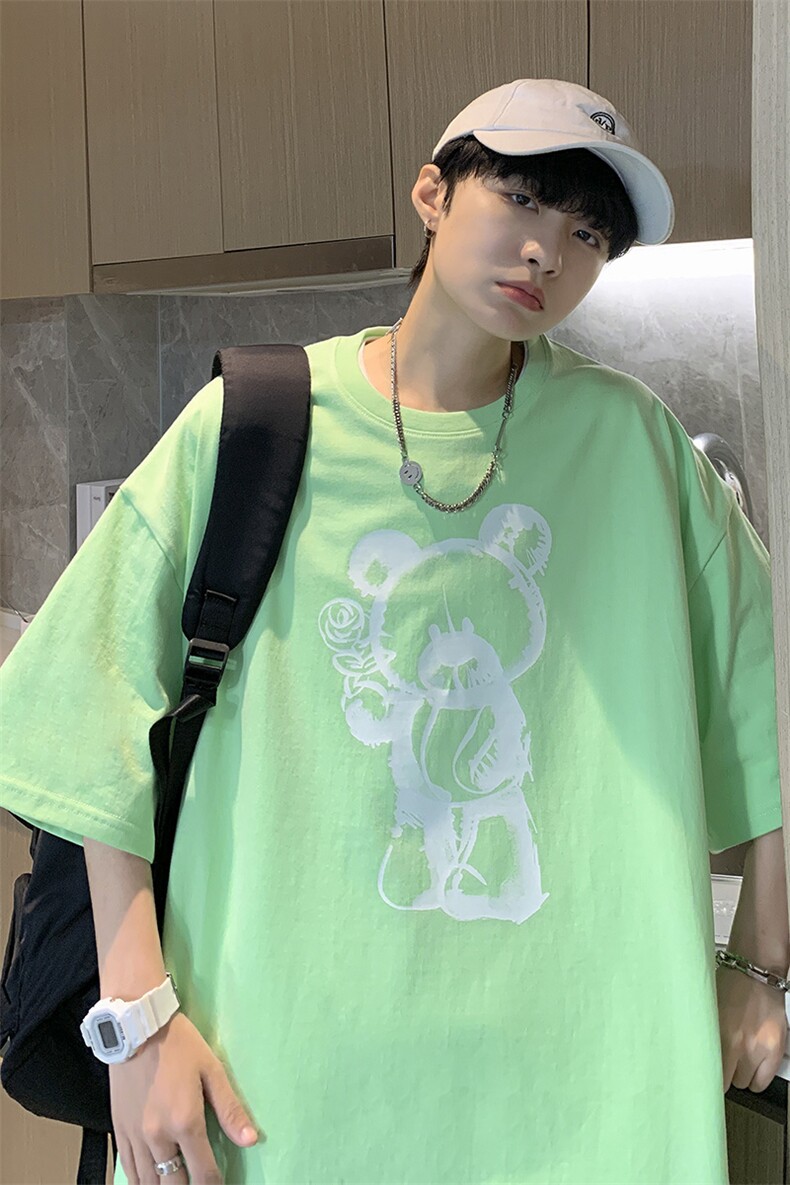 夏季新款大码T恤港风宽松休闲小熊印花情侣上衣A071-5515-P28,男装T恤,电商A071