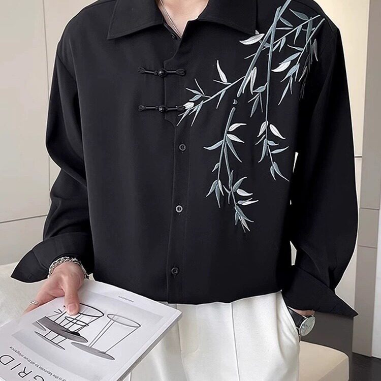 新中式风盘扣刺绣长袖衬衫男装设计感高级唐装道袍衬衣外套春,男装衬衫,星座516A