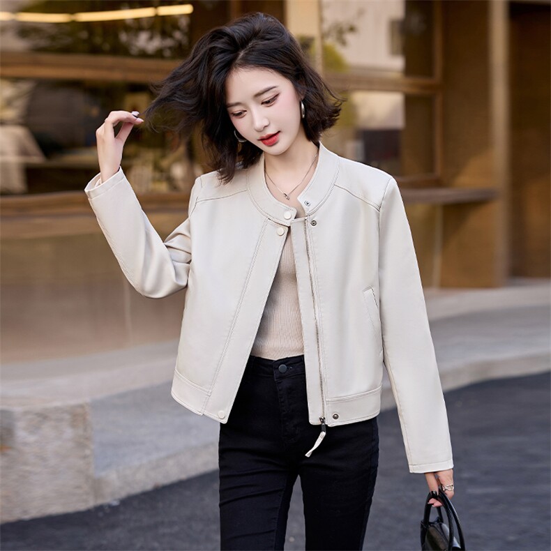 现货立领拉链长袖小个子短款海宁仿绵羊皮皮衣外套女2024年秋季，女装皮衣，美拉德工厂直营店