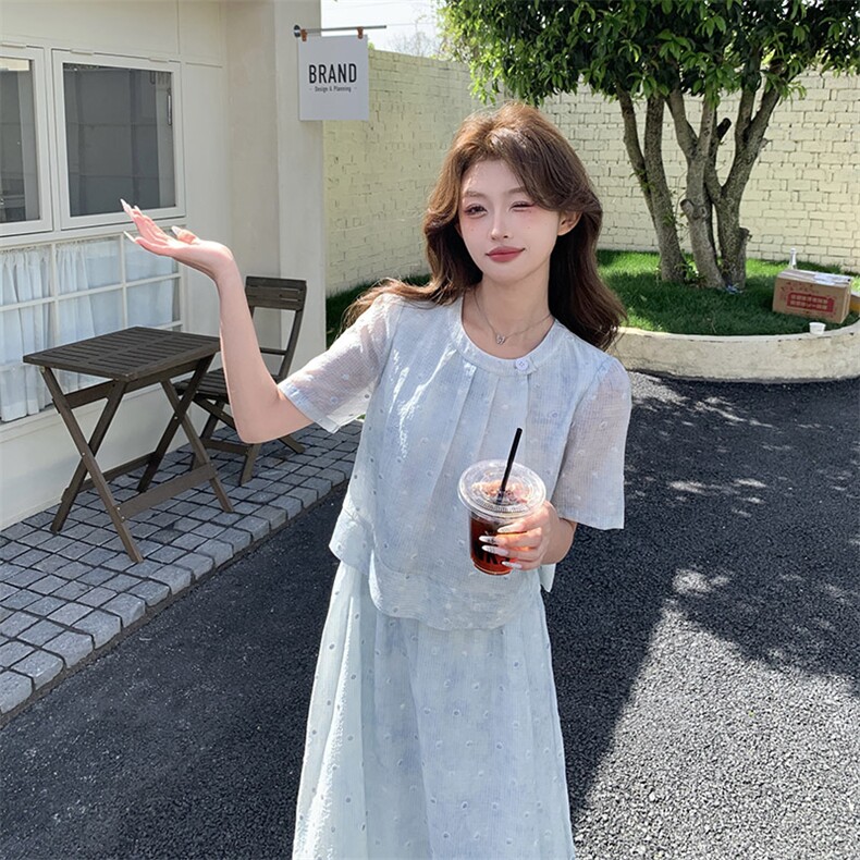 法式款显瘦遮肉女裙2025夏新淡蓝色扎染假两件连衣裙波点裙仙女裙,女装连衣裙,2C238