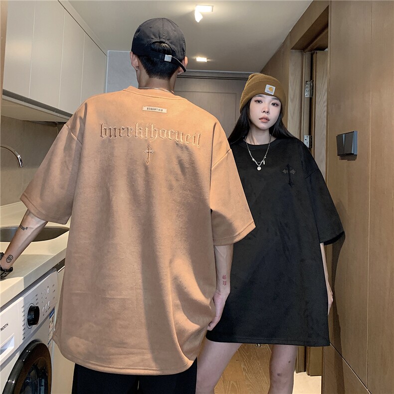 情侣装高街潮设计鹿皮绒刺绣情侣短袖T恤上衣绣花G1051P35女,男装T恤,电商A339
