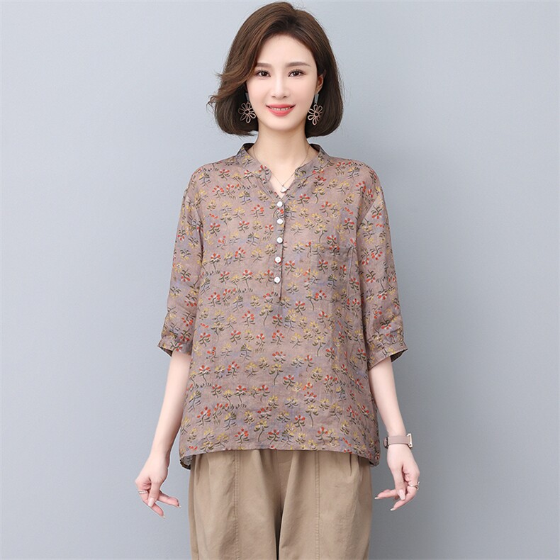 苎麻上衣女夏季2024年新款大码宽松中年妈妈薄款中袖印花休闲衬衫,女装T恤,忆绮罗