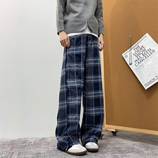 复古格子裤子女秋冬新款裤宽松显瘦休闲裤美式阔腿裤K5981-P39，男装休闲裤，星座412-2