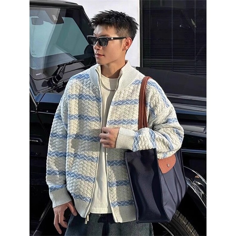 现货复古条纹立领拼接针织衫男M21/P60,男装针织衫/毛衣,星座205-3