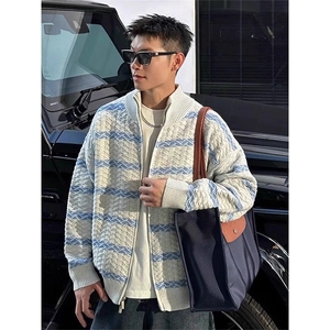 现货 复古条纹立领拼接针织衫男M21/P60图片