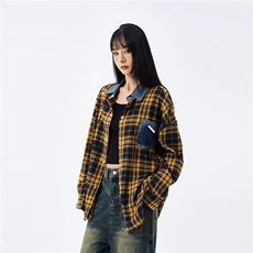 1506/QJ020/P44美式复古格子衬宽松潮牌痞帅休闲衫衣上衣外套，女装短外套，星座1506