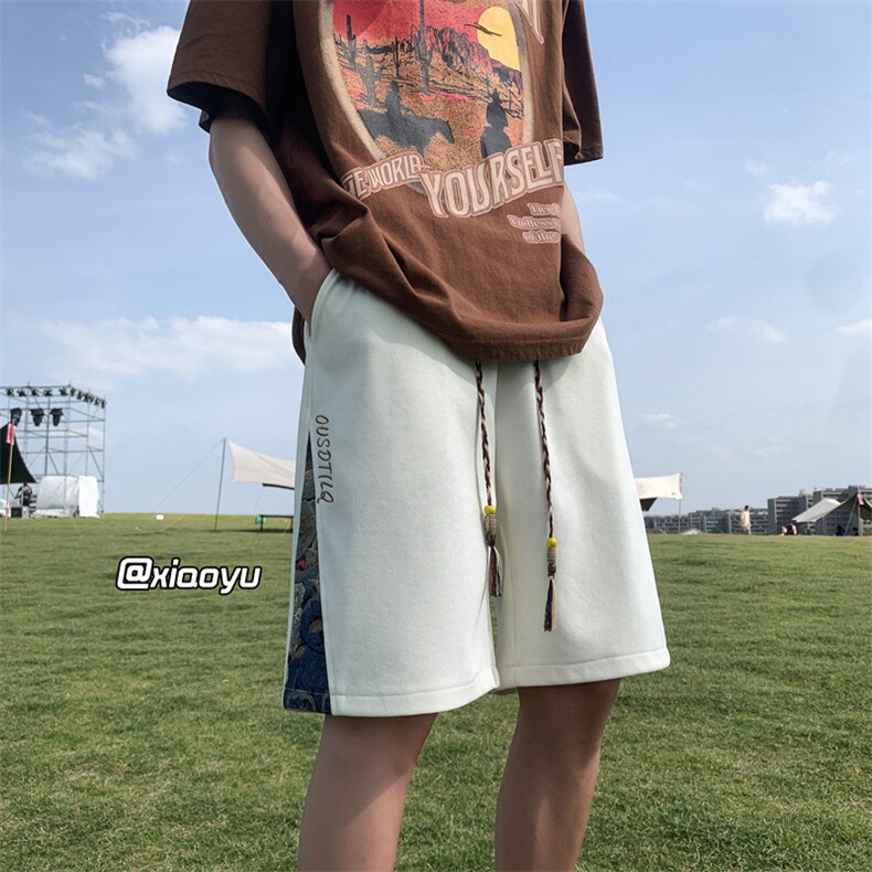 中国风刺绣短裤男夏季薄款宽松国潮痞帅拼接设计感小众五分运动裤，男装休闲裤，星座512A（原616）