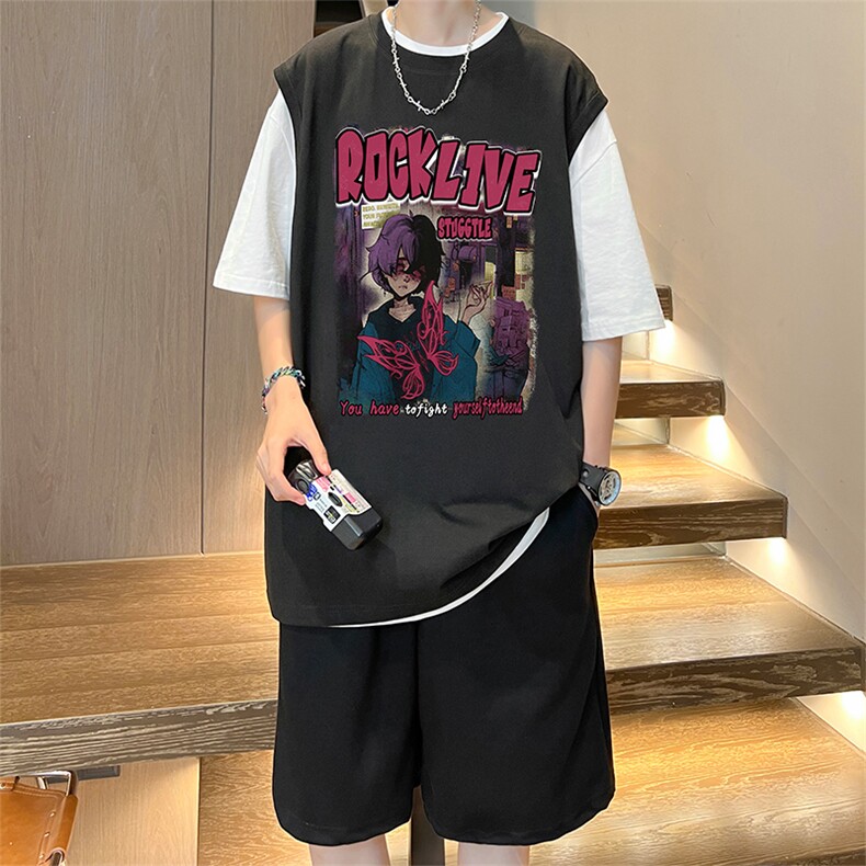 直播品质美式宽松纯棉背心无袖t恤短裤大码两件套套装TZ73-P58,男装T恤,电商A486