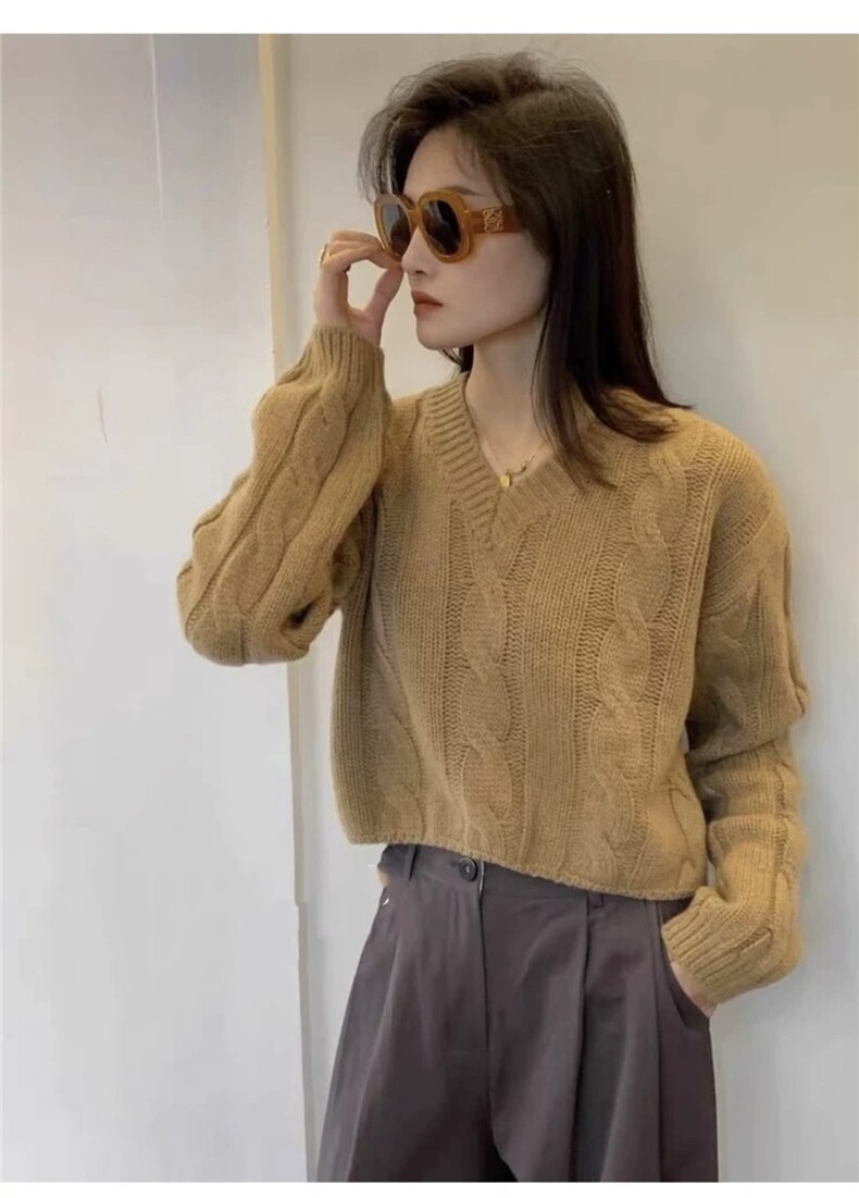 时尚V领麻花立体花纹女士羊毛衫短款显瘦百搭毛衣，女装羊毛衫，千御纺羊绒