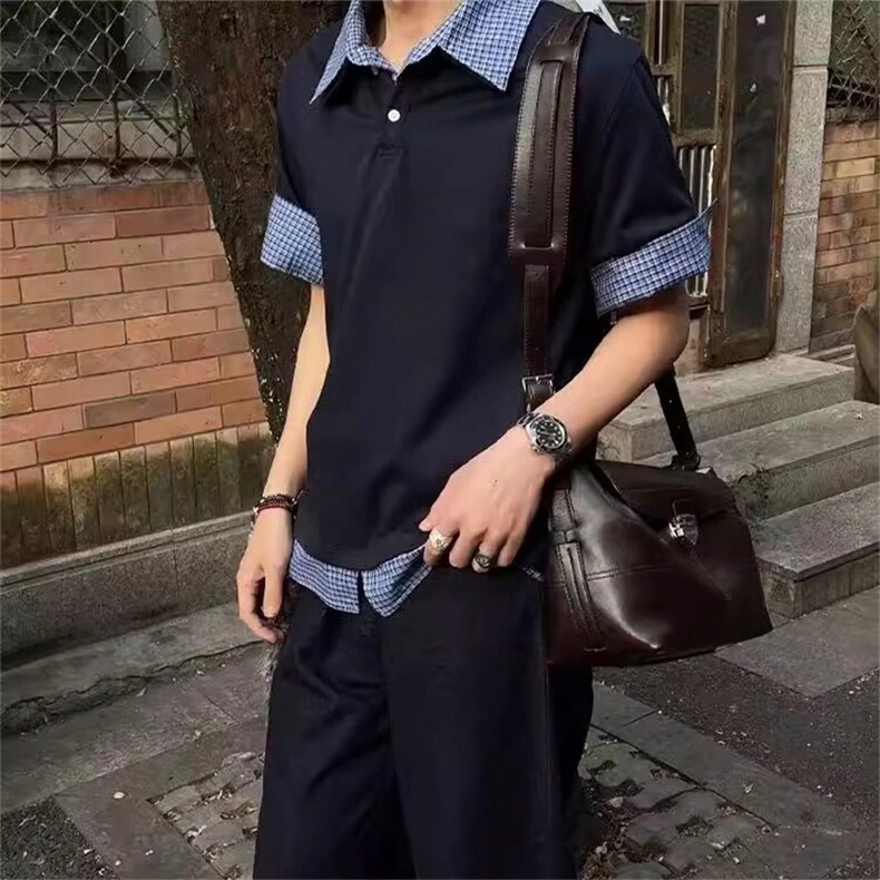 假两件拼接格纹polo领短袖衬衫男女夏季美式学院风T恤TCS262,男装T恤,星座208-5