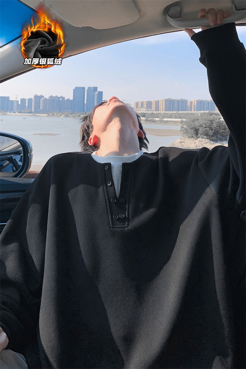 380g重磅假两件华棉亨利领保暖银狐绒卫衣男W5419J加绒-特P45控88,男装棉衣,电商A001