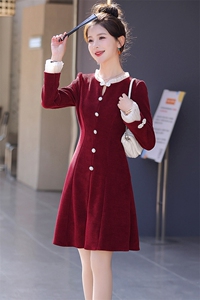 新中式红色小香风连衣裙女2025春秋新款气质修身小个子长袖A字裙图片