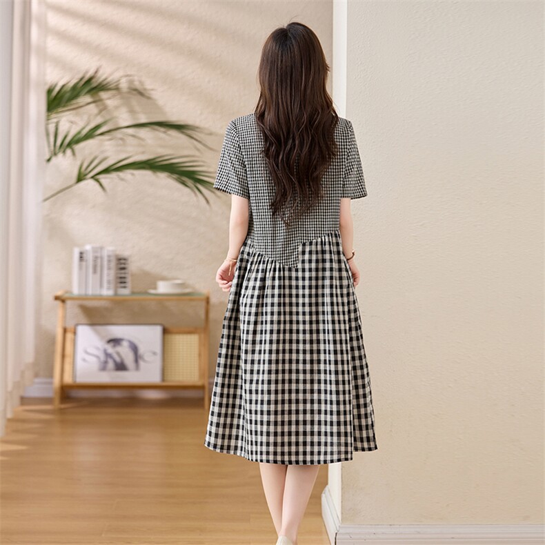 复古格子拼接棉麻连衣裙女2025夏季新款宽松显瘦气质休闲A字裙子,女装连衣裙,姿衣坊