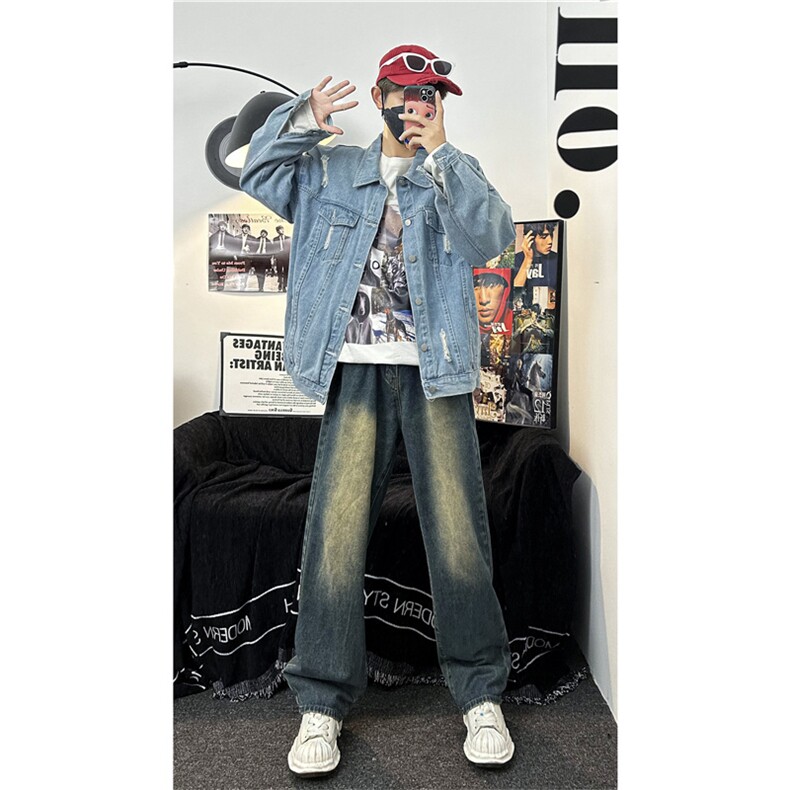 水洗直筒牛仔裤男士秋季薄款美式宽松阔腿大码复古休闲潮牌长裤子，男装牛仔裤，星座302B