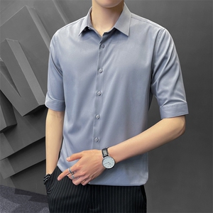 冰丝夏季衬衫男韩版修身潮流五分袖商务高级感白衬衣8315P65控118图片