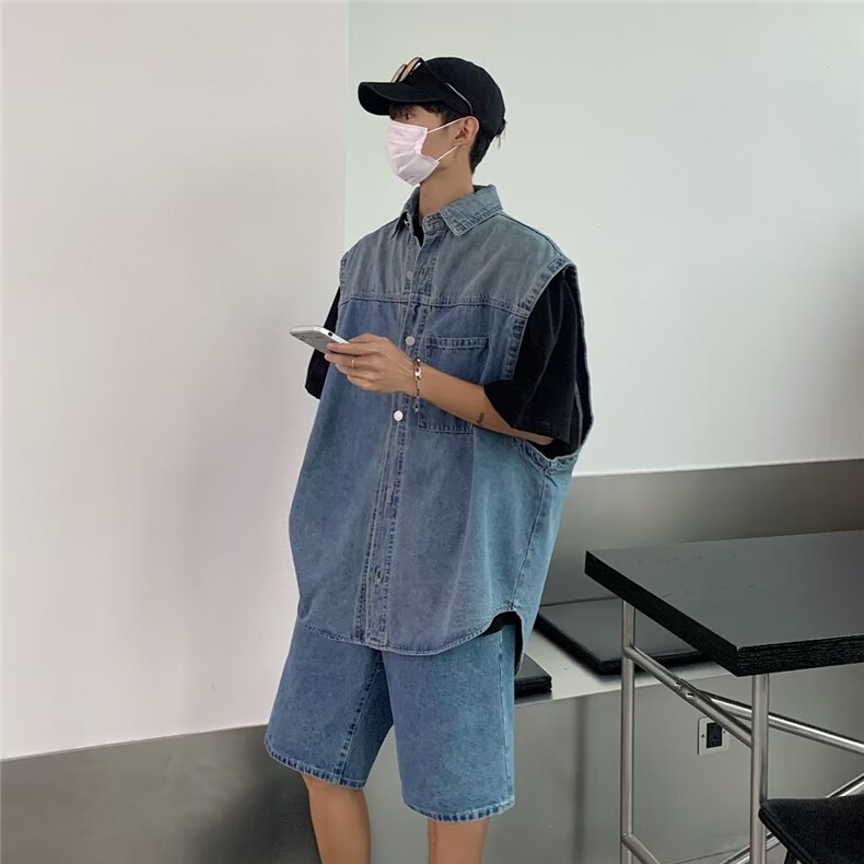 牛仔套装男韩版潮流无袖高街帅气2026夏季ins宽松五分裤W4894-P80,男装牛仔裤,星座412