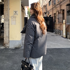 黑白格纹可脱卸围脖中长款羽绒服2C291-YRF186-P295-K499，女装羽绒服，2C291