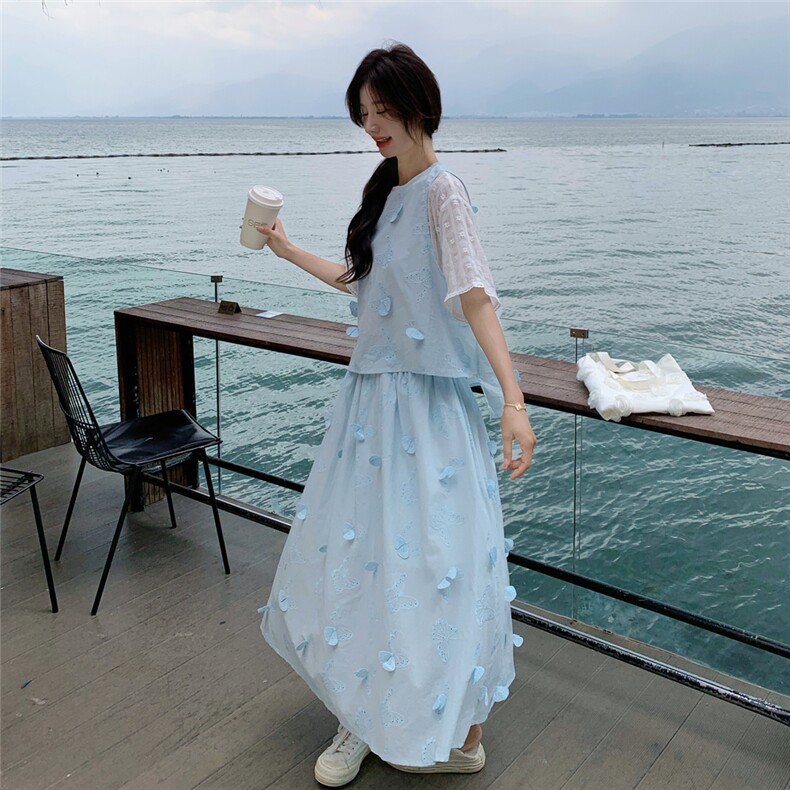 蕾丝短袖立体蝴蝶马甲半身裙三件套2591P195K288,女装套装/套裙,2C201