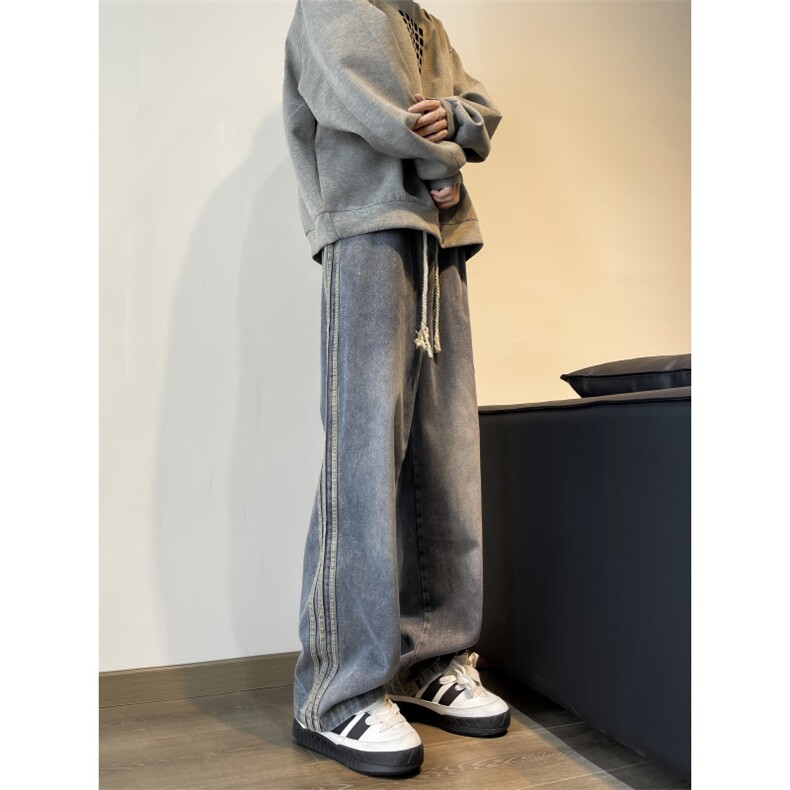 男款秋季潮牌痞帅炸街牛仔裤子男条纹直筒阔腿裤N0815-P40,男装牛仔裤,星座308B-2