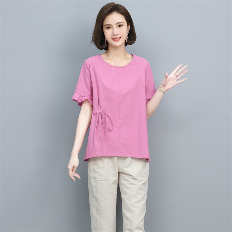 2023夏季纯棉简约气质圆领宽松时尚休闲显瘦舒适上衣,女装衬衫,独衣靓