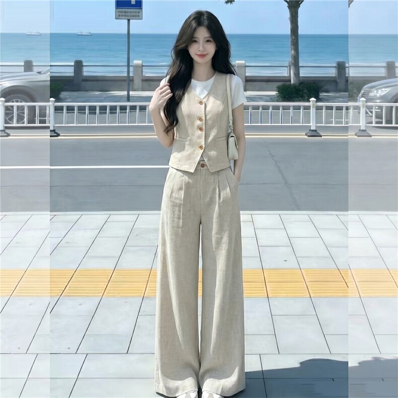 韩版休闲运动套装女款圆领纽扣马甲上衣内搭白色T恤阔腿裤三件套,女装套装/套裙,江南