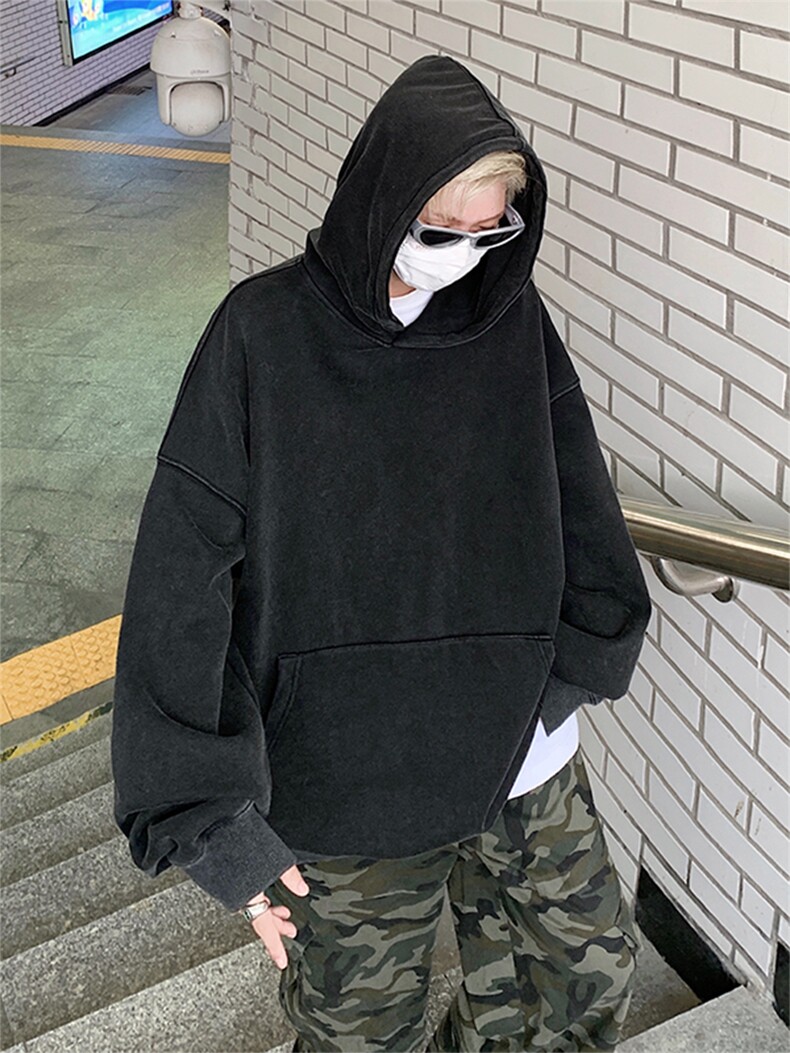 得物抖音高品质二开380克重磅做旧炒雪花纯色连帽水洗卫衣CM16,男装卫衣,电商A486