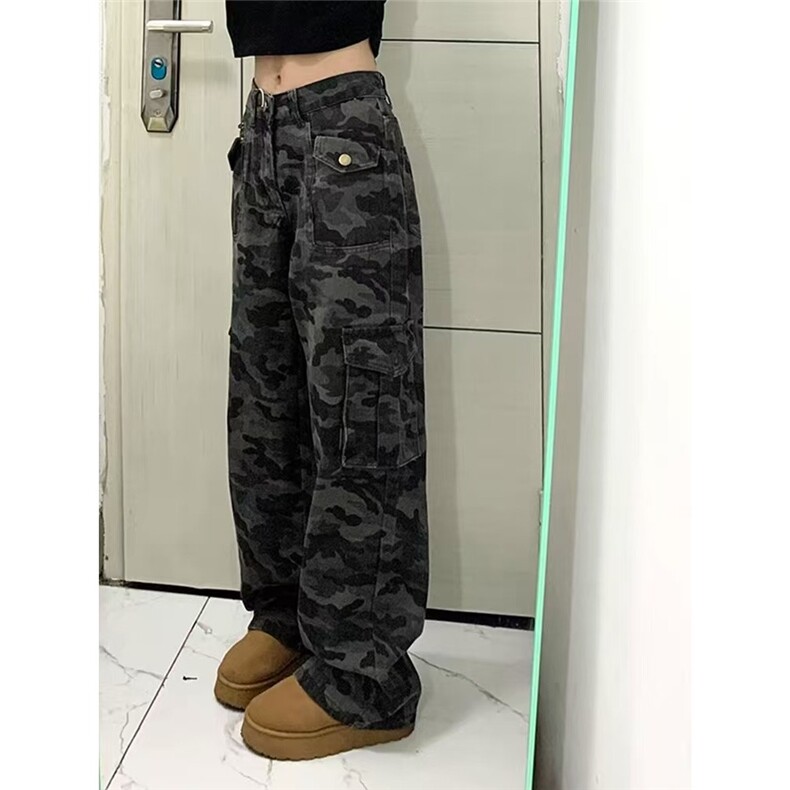 美式高街军绿色迷彩工装牛仔裤欧美hiphop裤子直筒阔腿拖地裤女,男装牛仔裤,星座1210-1