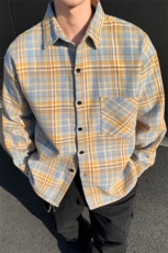 复古撞色磨毛格子长袖衬衫男春秋潮牌宽松休闲衬衣外套CS850-P25，男装衬衫，星座1403B