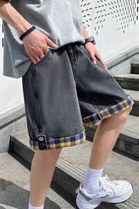 ins情侣宽松格子翻边夏季薄款五分裤子牛仔短裤男A125-DK16-P38，男装牛仔裤，电商A125