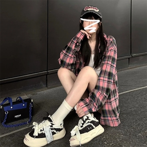 TC697-P45美式复古慵懒风长袖衬衫男女新款衬衣宽松潮格子外套潮