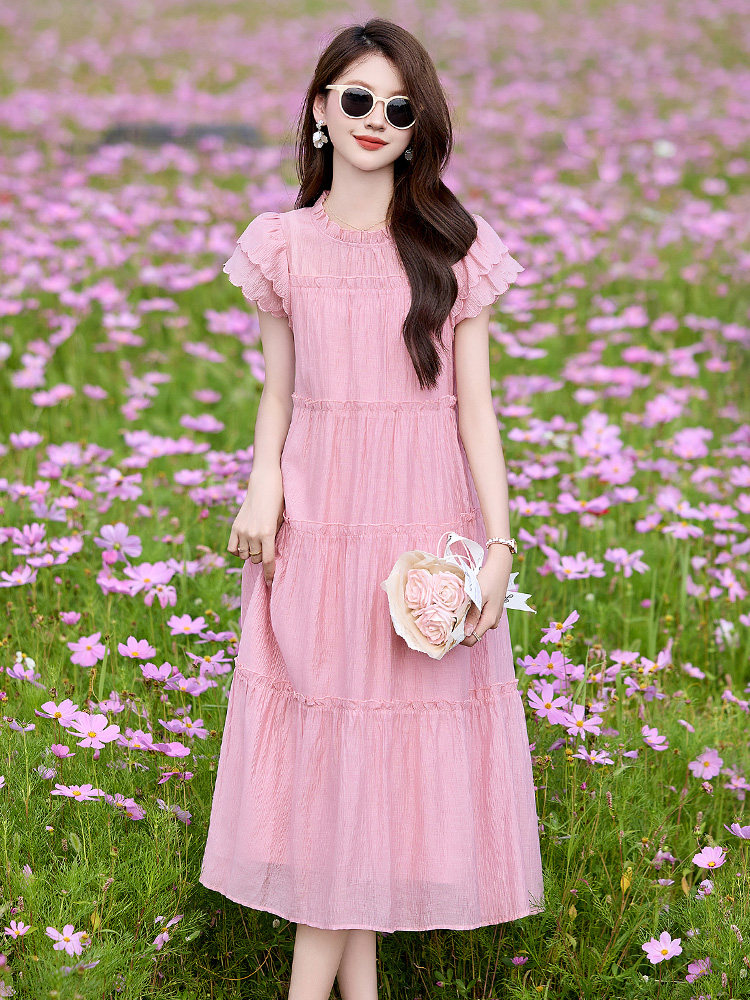 wynn256392法式木耳边飞飞袖连衣裙女甜美减龄中长裙2025夏连衣裙,女装连衣裙,丽美静依