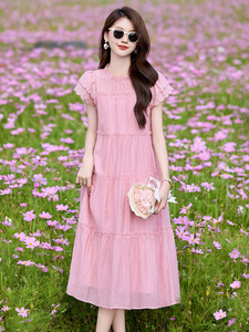 wynn256392法式木耳边飞飞袖连衣裙女甜美减龄中长裙2025夏连衣裙图片