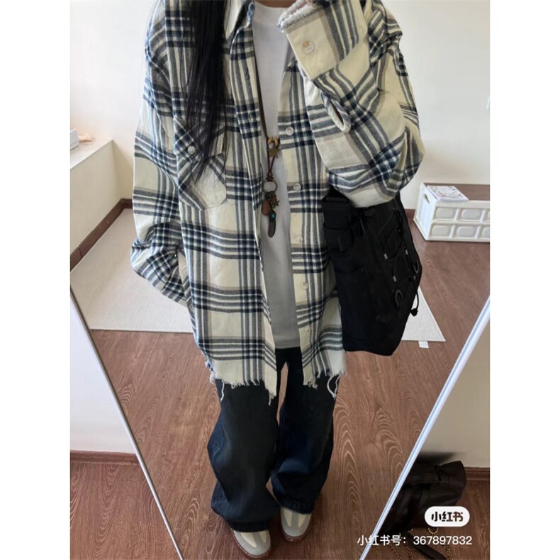 日系格子衬衫男长袖毛边春秋休闲男生衬衣外套C909,男装衬衫,星座1116A（原606A-3）