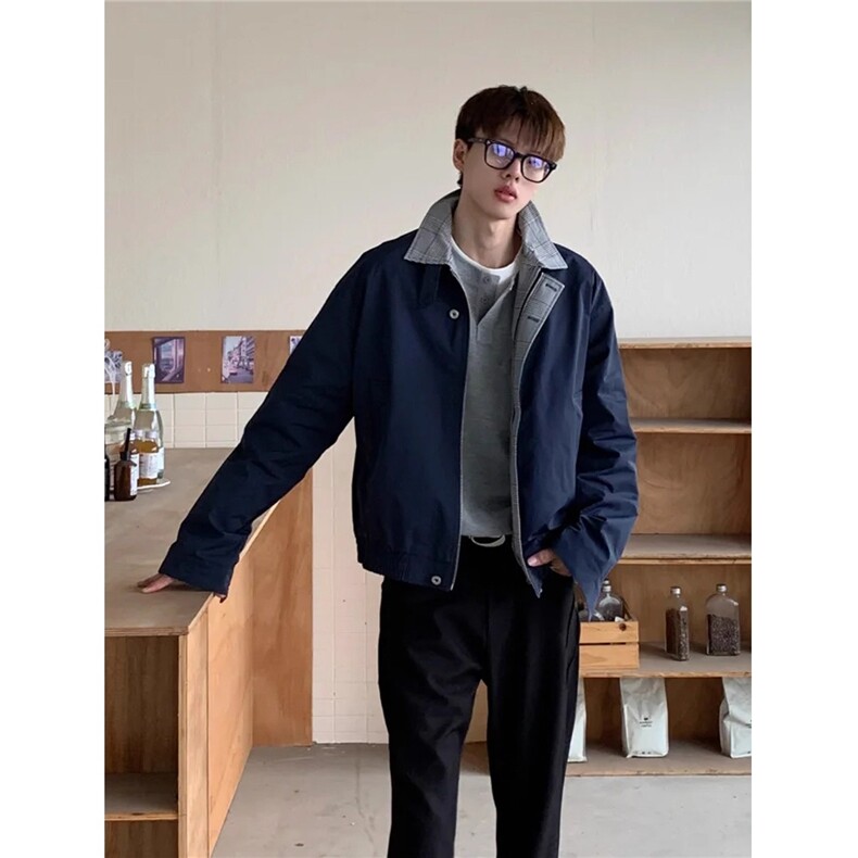 美式复古格纹撞色翻领工装外套男宽松休闲极简风cleanfit夹克上衣，男装夹克，星座506A