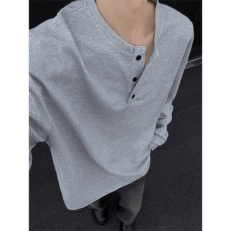 特批P19无差价秋季抖音美式内搭慵懒风亨利领长袖T恤男T1748，男装T恤，电商A001-1