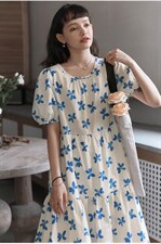 蓝白色碎花长款连衣裙，女装连衣裙，喜午