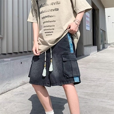 工装牛仔短裤男款夏季潮牌复古拼接中裤痞帅休闲五分裤1152P46，男装牛仔裤，星座410-2