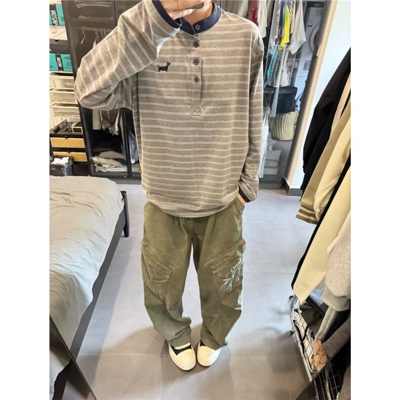 现货D2818-批45亨利领条纹-刺绣小狗长袖卫衣,男装卫衣,星座603-2