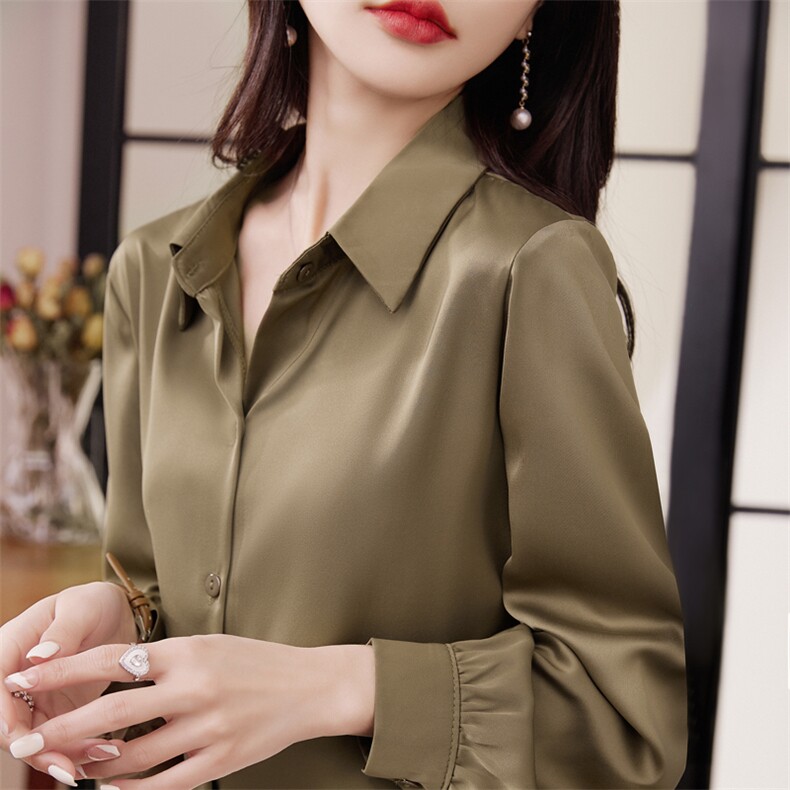 白衬衫女真丝气质长袖冰丝女衬衣上衣夏季丝滑缎面宽松POLO领漂亮,女装衬衫,元素羊绒
