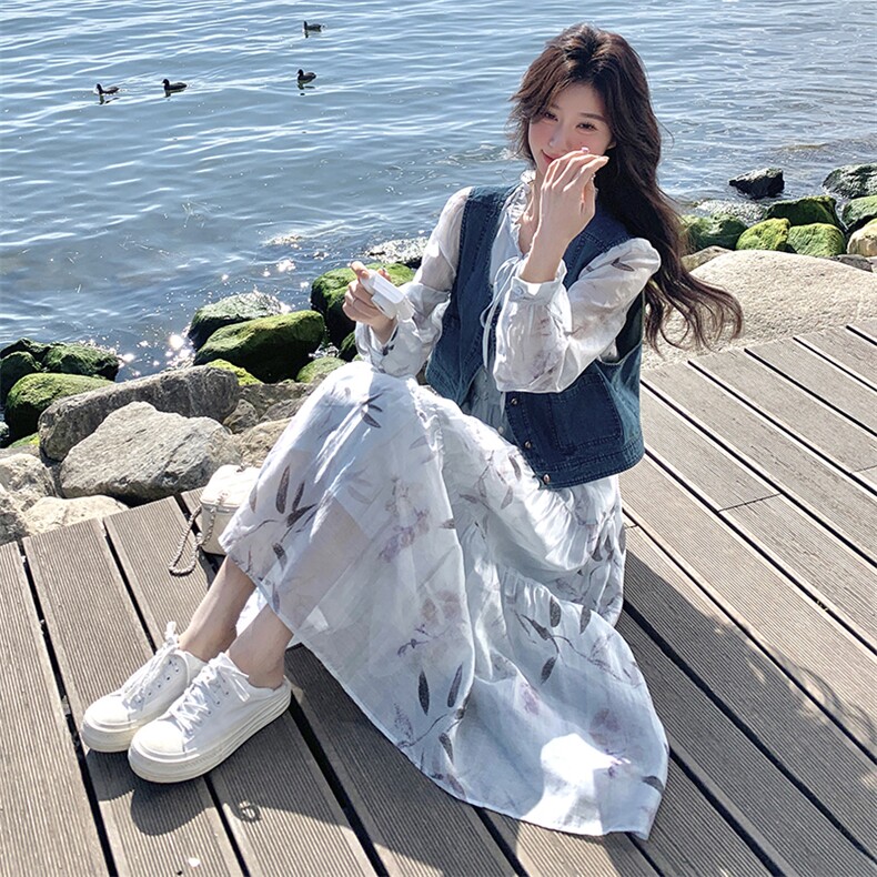 现货-蓝色印花连衣裙+马甲两件套203-8887-P175-K258,女装套装/套裙,浙宝203