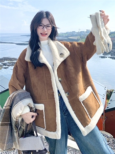 双面穿立领羊羔绒外套女美拉德皮毛一体短款麂皮绒外套图片