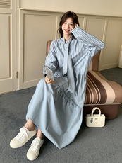 春现盐系浅蓝色条纹休闲风连衣裙B190-5010-P135-K198，女装连衣裙，2B190